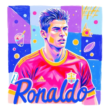 A portrait of a male soccer player with short dark hair and a strong jawline. He is wearing a bright red jersey with a logo on the front. The background consists of geometric patterns in shades of blue and purple. The player's expression is focused and determined. The colors are vibrant and include metallic accents that highlight his features. There are abstract shapes surrounding him, emphasizing movement and energy. "Ronaldo" is written in bold letters at the bottom of the image.