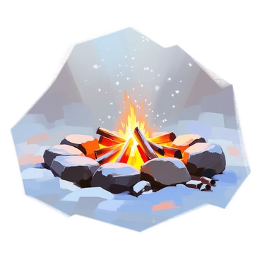 A neatly arranged stone circle surrounds a campfire, with flames flickering warmly in the center. The stones are smooth and varied in size, forming a perfect circular barrier. Soft, white snow blankets the ground, contrasting with the dark stones. Snowflakes fall gently from the clear sky, partially covering the stones. A few logs are placed nearby, ready to be added to the fire. The scene captures the tranquility of a winter night, with the glow of the fire illuminating the surrounding snow.