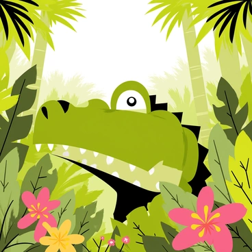 An enormous crocodile with dark green scales and a long snout is lurking behind dense jungle foliage. The crocodile has a cheeky grin showing its sharp teeth, creating a playful expression. Vibrant green leaves and colorful tropical flowers surround the crocodile, adding depth to the scene. Sunlight filters through the canopy above, casting dappled shadows on the ground. The background features tall trees with thick trunks and additional layers of lush vegetation.