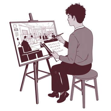 A duotone illustration featuring a sketch artist focused on capturing a moment in a courtroom. The artist is seated on a wooden stool, holding a charcoal pencil in their right hand, while their left hand rests on an open art pad, displaying a partially finished sketch of the courtroom scene. The courtroom is filled with people, including a judge at the front, lawyers on either side, and an audience observing. The artist's expression shows concentration as they observe the proceedings, with a bright light source illuminating their workspace.