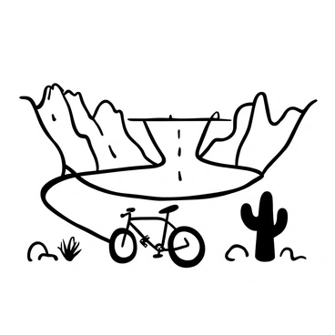 A winding biking trail set against the backdrop of the Colorado River, with jagged cliffs rising on either side. In the distance, the silhouette of the Hoover Dam is visible, standing tall against the landscape. The foreground features a bicycle resting on the trail, with a few scattered pebbles and tufts of grass nearby. A cactus stands to one side, adding a touch of rugged vegetation to the scene. The sky above is clear, creating a sense of openness and adventure.