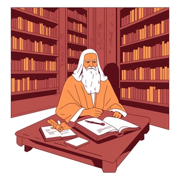 An orange scholarly saint is sitting at a large wooden table in a grand library filled with towering bookshelves stacked with ancient books. The saint has a long, flowing robe and a gentle expression, with a small, open book resting in front of them. The table is adorned with scrolls and a quill, and there are soft, warm lights illuminating the room, casting gentle shadows. Behind the saint, there are more bookshelves extending to the ceiling, with intricate carvings visible on the library walls. The atmosphere is one of knowledge and serenity, as the saint appears deeply engaged in study.