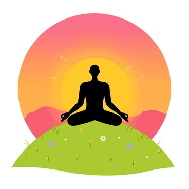 A silhouette of a person sitting in a cross-legged meditation pose on the peak of a grassy hilltop. The figure is outlined against a vibrant orange and pink sky, representing a stunning sunrise. Soft rays of sunlight break through, casting a warm glow around the horizon. The hilltop is lush with grass and small wildflowers, creating a peaceful atmosphere. The person appears tranquil and focused, embodying a moment of serenity.