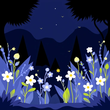 A garden at midnight illuminated by soft, glowing plants in various shades of blue and green. Luminescent flowers bloom with bright petals that radiate light, casting a gentle glow on the surrounding foliage. Silhouetted against the night sky are small creatures, such as fireflies, with tiny glowing abdomens, flitting around and adding to the magical atmosphere. In the background, dark shadows of trees form a natural frame, while a light mist hovers just above the ground, enhancing the enchanting nighttime scene.