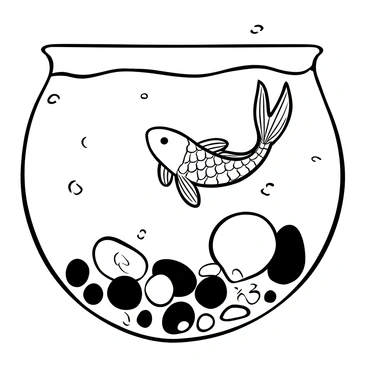 A close-up view of a koi fish gliding gracefully above a bed of pebbles. The koi fish has flowing fins and a patterned body, showcasing intricate designs. Various shapes and sizes of pebbles are visible beneath the water, with textures of each stone distinct. Some pebbles appear smooth while others are more angular, all arranged in a natural pattern. The water above creates gentle ripples, distorting the view of the pebbles slightly.