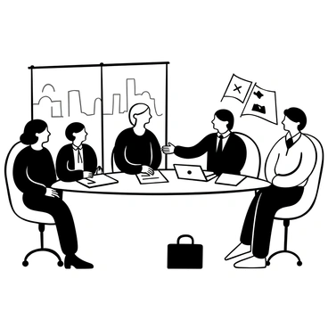 A woman with short hair wearing a formal suit is shaking hands with various international leaders at a large round table. Each leader represents a different country, depicted in formal attire and engaged in conversation. Flags from different nations are displayed prominently around the room. There are several documents and laptops on the table, implying discussions on important matters. The atmosphere conveys a sense of professionalism and diplomacy, with notes and briefcases scattered about. The setting includes large windows providing a glimpse of a cityscape in the background.