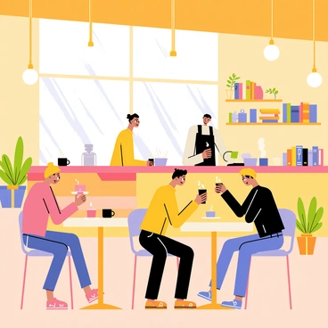 A cozy café scene with a warm, wooden interior filled with small round tables and soft chairs. Several people are seated at the tables, enjoying cups of steaming coffee or tea. Outside the large window, raindrops are sliding down the glass, creating a blurred effect. A barista stands behind the counter, preparing drinks. There are shelves filled with books and plants adorning the corners of the café. Soft lighting hangs from the ceiling, creating a welcoming atmosphere.