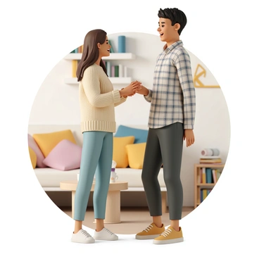 Two strangers are standing in a cozy room, surrounded by soft, warm lighting. One is a woman with long brown hair, wearing a knitted sweater and denim jeans, and the other is a man with short black hair, dressed in a plaid shirt and dark trousers. They are exchanging warm smiles that reflect friendliness and connection. In the background, there is a comfortable sofa with colorful cushions, a small wooden coffee table with a steaming mug, and a bookshelf filled with various books, creating an inviting atmosphere.