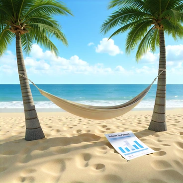 A serene beach scene with a hammock and a retirement fund statement nearby