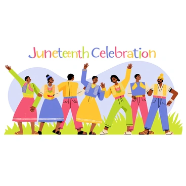 A group of dancers wearing colorful traditional attire is performing a lively Juneteenth dance. Each dancer is adorned with garments that showcase vibrant patterns and textures, reflecting the cultural significance of the celebration. The dancers are in dynamic poses, with some mid-spin and others raised arms, expressing joy and energy. The background features grassy fields under a clear blue sky, enhancing the festive atmosphere of the performance. "Juneteenth Celebration" is written above the dancers in bold, colorful letters.