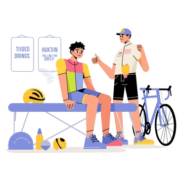 A tired cyclist sitting on a massage table, wearing a colorful cycling jersey and shorts. The cyclist has a fatigued expression, with sweat glistening on their forehead. A supportive coach stands beside them, offering encouragement, wearing a team cap and holding a towel. Surrounding them are various pieces of cycling gear, including a helmet, water bottles, and a bicycle leaning against the wall. The room is bright and filled with motivational cycling posters.