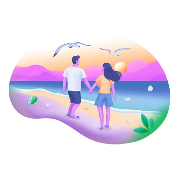 A couple walking hand in hand along a beach during sunset. The sky is filled with vivid shades of orange, pink, and purple as the sun sets on the horizon. The couple wears casual, light-colored clothing; one partner has long hair flowing in the gentle breeze. Soft waves quietly lap at the shore, creating a light foam around their feet. Scattered seashells and smooth stones dot the sandy beach around them. In the distance, silhouettes of seagulls fly gracefully across the colorful sky.