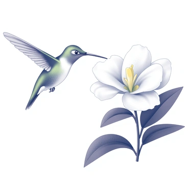 A hummingbird in mid-air, hovering just in front of a gardenia flower. The bird has iridescent feathers, with its wings a blur from rapid movement. The gardenia flower is fully bloomed, featuring layered white petals with a prominent yellow center. The surrounding foliage includes dark green leaves that provide a contrasting backdrop. The hummingbird extends its slender beak towards the flower, capturing a droplet of nectar.