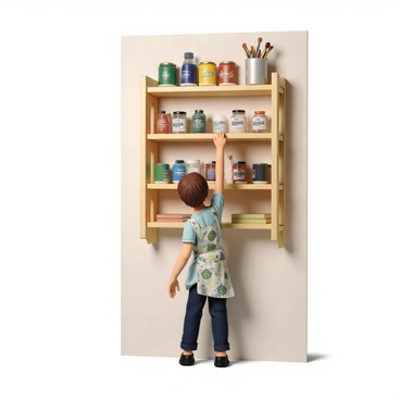 A high shelf made of light-colored wood, filled with various art supplies. On the shelf, there are containers of colorful paint tubes, jars of brushes in different sizes, and stacks of sketchbooks. The paint tubes are arranged in neat rows, showcasing a spectrum of colors, while the brushes vary in shape and bristle type. The shelf is positioned against a wall painted in a soft, neutral tone. The artist stands below the shelf, reaching up with their fingertips just grazing the edge, showcasing their determination and desire for the supplies. The artist has short brown hair and is wearing a paint-splattered apron over casual clothing.