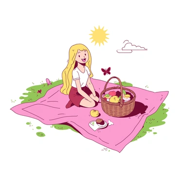 A pink picnic blanket is spread out on green grass under the bright sun. "Hermine," a character with long blonde hair, is sitting on the blanket with a joyful expression. Beside her, there is a woven basket filled with an assortment of treats, including colorful fruits and sandwiches. The sunlight creates playful shadows around her, and a few butterflies flutter nearby, adding a sense of liveliness to the scene. The sky above is clear and bright.