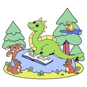A young dragon with bright green scales is sitting on a large rock in a sunlit clearing. The dragon has large, expressive eyes and small, delicate wings. In front of the dragon is an open book with colorful illustrations. Surrounding the dragon are a variety of eager forest animals, including a curious rabbit, a wise owl perched on a nearby branch, and a playful squirrel sitting on the ground. Each animal is attentively focused on the dragon, engaged in the storytelling. The background features tall trees and lush greenery, creating a vibrant forest atmosphere.