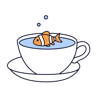 A tiny fish with orange and white stripes is swimming inside a white teacup. The teacup is filled with clear water, and small bubbles rise to the surface. The teacup has a delicate floral pattern around the rim. The fish is playfully darting around, creating small ripples in the water.
