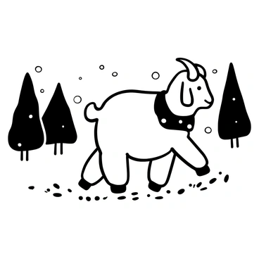 A fluffy goat with a thick coat trudging through a snowy landscape. It leaves distinct tracks in the fresh snow as it moves forward. The scene includes evergreen trees dusted with snow in the background. Soft snowflakes falling gently around the goat contribute to the tranquil winter atmosphere. The ground is covered with a smooth layer of white snow, accentuating the goat's presence.