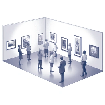 An exhibition space with white walls showcasing a variety of prints. The prints vary in size and design, some framed in sleek black frames while others are mounted directly on the walls. The space is well-lit, highlighting the details of each print. Viewers are scattered throughout the area, examining the artwork. Some viewers are standing close to the prints, while others are observing from a distance. The floor is polished and reflects the light, adding to the atmosphere of the exhibition.