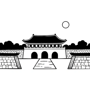 A detailed illustration of Gyeongbokgung Palace at dusk, featuring the grand architecture of the palace with its distinctive roofs and ornamental eaves. The palace is surrounded by traditional Korean stone walls and lush trees. Soft lights illuminate the building, casting gentle shadows and highlighting intricate patterns on the walls. In the foreground, a stone pathway leads towards the entrance of the palace, enhancing the structure's grandeur. The sky above transitions into a gradient of fading light, providing a serene backdrop to the scene.
