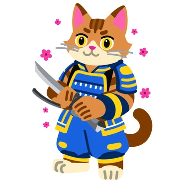 A tattoo design featuring a cat dressed as a samurai. The cat is wearing intricate armor, with detailed patterns and textures on the surface, showcasing shades of blue and gold. It holds a katana sword in its paws, poised as if ready for action. The cat's expression is fierce, with bright, alert eyes and whiskers prominently displayed. Around the cat, there are delicate cherry blossom petals falling, adding a touch of color and movement to the design. The background is minimal, allowing the focus to remain on the cat samurai and its striking attire.