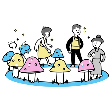 An ancient fairy ring that glows as time travelers step into it from different eras.