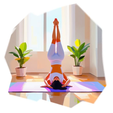 A yoga practitioner with medium skin tone and long dark hair is performing a shoulder stand pose on a yoga mat. The individual is wearing comfortable, form-fitting athletic wear, suitable for yoga practice. Bright morning sunlight filters through a nearby window, casting soft light across the room. The walls are painted in calming pastel colors, and there are potted plants in the background, adding a touch of greenery to the environment. The practitioner exhibits focused concentration, with their legs extended upward and hands supporting their lower back.