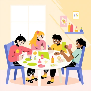 A colorful daycare room filled with children engaged in various crafting activities. Several children are sitting at a round table, surrounded by art supplies like colored paper, glue, and glitter. One child is cutting shapes out of green construction paper, while another is gluing colorful stickers onto a card. In the background, a wall is decorated with seasonal art made by the children. A cheerful atmosphere is created with bright sunlight streaming in through the windows, illuminating the scene of creativity and joy.