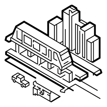 A metro train crossing over a busy city street with multiple vehicles traveling below and skyscrapers in the background.