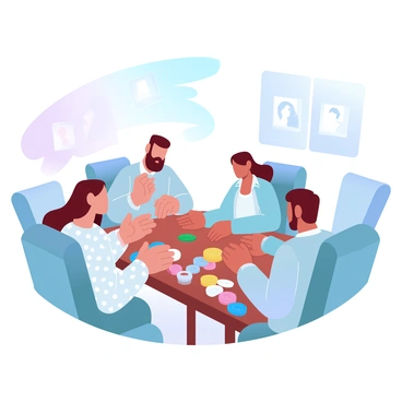 A family is seated around a wooden dining table, engaging in a game of loto. The table is filled with colorful game cards and small tokens. There are four family members, each displaying their unique attire; one is wearing a cozy sweater, another in a patterned blouse, and the third is in a casual shirt. A vibrant tablecloth adds warmth to the scene. In the background, there are framed photographs on the wall, showcasing past family moments. A soft glow from overhead lights creates a welcoming atmosphere.