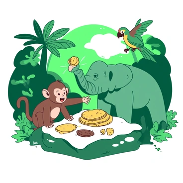 A playful scene of animals enjoying parathas in a jungle setting, with a monkey stealing one.