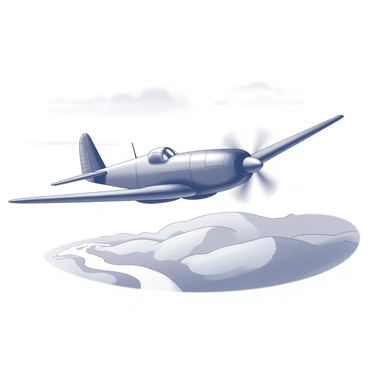 A vintage airplane in flight, with its propellers spinning. The airplane has a streamlined body, showcasing classic design elements like a rounded cockpit and distinctive wings. Below it, a landscape of rolling hills and a winding river can be seen. In the background, wispy clouds stretch across the sky. The airplane leaves a trail of vapor behind as it ascends.