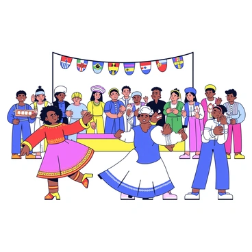 A vibrant scene depicting a cultural exposition. Groups of people are dressed in various traditional costumes from around the world, showcasing unique patterns and colors. In the foreground, a dancer wears a bright red and gold outfit with intricate embroidery. Nearby, another performer is dressed in a flowing blue and white ensemble, complete with a matching headpiece. There are banners displaying flags from different countries hanging above the crowd. In the background, a stage is set up for performances, with musicians playing instruments that reflect diverse cultures. Audience members are actively engaged, some clapping and others taking photographs.