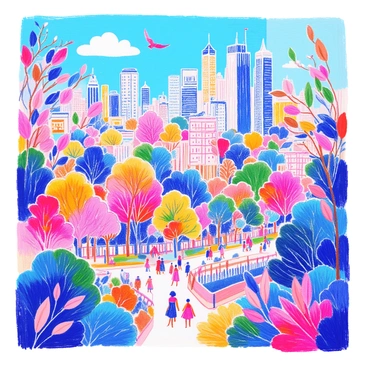 A bustling cityscape consists entirely of various types of leaves and foliage. Tall skyscrapers are formed from large green leaves, while smaller buildings utilize vibrant colored petals. The streets are lined with shrubs and bushes, creating avenues that weave through the city. Trees are shaped into public parks, their branches providing shade. People made from twigs and leaves are walking along the pathways. Above, the sky is a bright blue, with a few fluffy clouds floating by. Birds made from feathers and leaves are perched on branches, adding life to the scene.