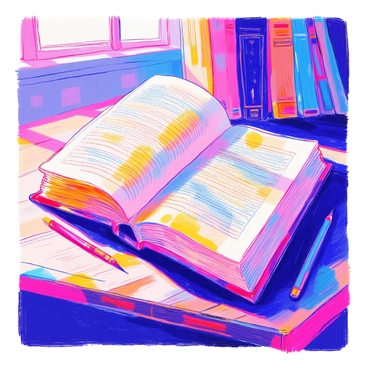 A large, open book lies on a wooden table. The pages of the book are thick and textured, filled with intricate illustrations and finely detailed text. The pages seem to blur and flow into one another, creating the illusion that they are turning endlessly. Soft light illuminates the book, casting gentle shadows on the surface of the table. In the background, there are hints of bookshelves filled with other books, adding depth to the scene.