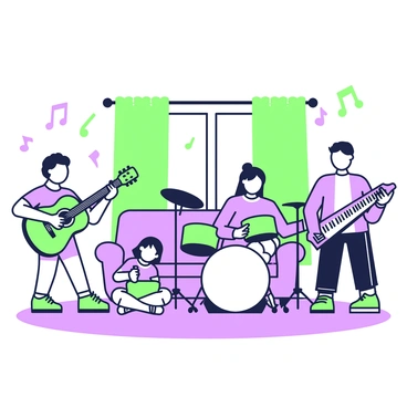 A family is gathered in their living room, engaged in making music together. On the left, a child is playing a green guitar, smiling as they strum the strings. Next to the child, a parent is seated on a couch, playing a purple keyboard, their fingers moving rhythmically over the keys. Across from them, another family member is standing and playing a green drum set, striking the drums with enthusiasm. In the background, various musical notes seem to float through the air, adding to the lively atmosphere of the scene. The living room is furnished with a purple rug and green curtains, enhancing the cozy environment.