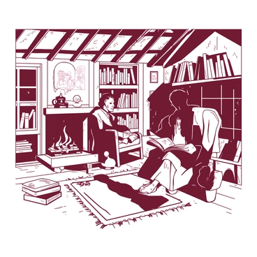 A warm, inviting cottage with wooden beams and a thatched roof. In the center, there is a crackling fireplace casting a soft glow throughout the room. Victor Frankenstein, dressed in period-appropriate attire, is seated in a comfortable armchair near the fireplace, surrounded by stacks of books. He is intently studying an open book on his lap, with another book resting on a small table beside him. Shelves filled with various scientific and philosophical texts line the walls, and a cozy rug is spread on the floor in front of the fireplace. A window reveals a glimpse of the dark, starry night outside.