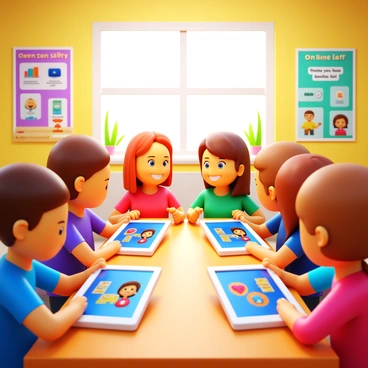 A group of children sitting around a table, each engaged with a tablet displaying an educational game about online safety. The room is bright and filled with colorful decorations, including posters about internet safety. The children are focused and smiling as they interact with the tablets, showing a variety of expressions of concentration and excitement. Some tablets display icons and characters related to online safety, while others have interactive elements visible on the screens. Sunlight streams in through large windows, illuminating the cheerful atmosphere.