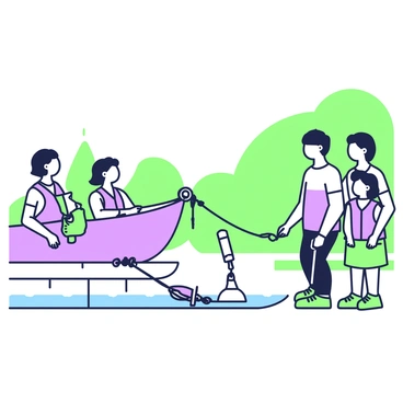 A family is gathered by their boat, preparing for a trip. The boat is tied to a dock. One adult is demonstrating how to secure the boat using a cleat hitch. The cleat is mounted on the dock, and the adult is wrapping a line around it. Two children observe closely, with one child holding a small life jacket. The other child is looking up at the adult, clearly eager to learn. In the background, there are trees lining the waterfront, creating a natural setting for their adventure.