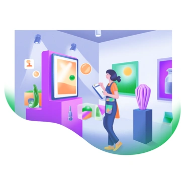 An artist is walking through an art museum, surrounded by vibrant multimedia installations. The artist, dressed in a colorful outfit with a paint-stained apron, stops to admire a large, interactive digital screen displaying bright animated visuals. Nearby, a sculpture made of glass and metal catches the light, reflecting various colors. The walls are adorned with large canvas paintings, showcasing abstract art in bold hues. Soft spotlights illuminate each installation, creating a dynamic atmosphere filled with creativity. The artist is holding a sketchbook, busily jotting down ideas while observing the intricate details of each piece.