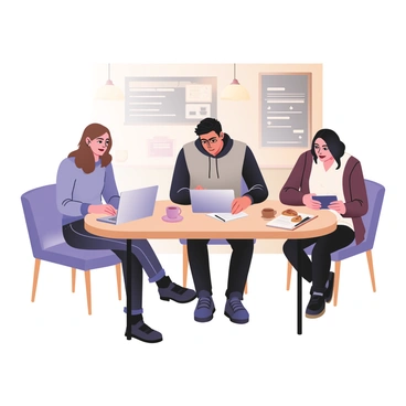 A small group of three people is seated around a wooden table in a coffee shop. On the left, a woman with long wavy brown hair is typing on a silver laptop, wearing a light blue sweater and dark jeans. In the middle, a man with short curly black hair is writing notes in a notebook, dressed in a gray hoodie and black trousers. On the right, another woman with shoulder-length straight black hair is looking at a tablet, wearing glasses and a burgundy cardigan over a white shirt. In front of them, there are coffee cups and a small plate with pastries. The background features a chalkboard menu with various coffee options and warm lighting from hanging light fixtures.