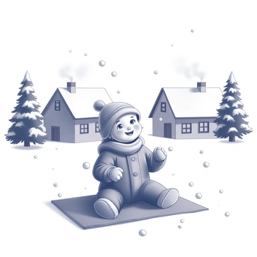 A baby is sitting on a blanket in the snow. The baby is bundled up in a thick, warm coat and wearing a cozy hat. Snowflakes are gently falling around them. In the background, there are quaint village cottages with snow-covered roofs. Each cottage has smoke rising from the chimneys, indicating warmth inside. Pine trees draped in white snow frame the scene. The baby is looking up in wonder at the falling snow, with a joyful expression on their face.