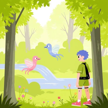 An anime explorer with short blue hair wearing a green adventurer outfit stands at the edge of a lush woodland. The trees are tall, with vibrant green leaves filtering light, casting dappled shadows on the forest floor. In front of the explorer, two mystical forest spirits with glowing wings hover playfully. One spirit has an ethereal appearance with a shimmering blue body, while the other has a delicate pink form. Small wildflowers of various colors dot the ground, and a gentle stream can be seen winding through the trees in the background. The atmosphere is alive with magical energy as the explorer gazes in awe at the spirits.