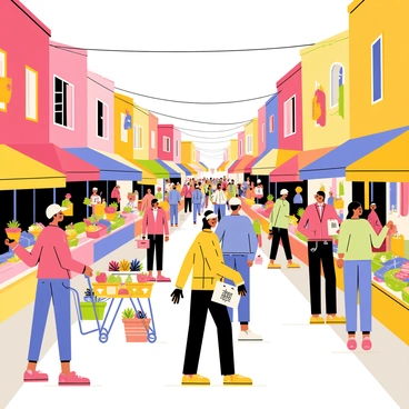 A bustling urban street market filled with a diverse crowd of people shopping and socializing. Colorful storefronts line the street, showcasing various goods such as fruits, vegetables, clothing, and handmade crafts. A vendor stands behind a cart selling fresh flowers, while another booth displays an array of vibrant textiles. People of different ages and backgrounds interact, some carrying shopping bags, while others are engaged in lively conversations. Bright awnings provide shade over the market stalls, and a few street performers entertain the crowd with music and dance.
