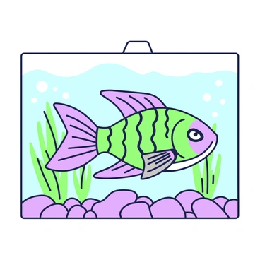A fish with intricate patterns on its body is swimming gracefully in an aquarium. The fish has elongated fins that ripple with movement and a vibrant tail that fans out behind it. Inside the aquarium, there are smooth pebbles at the bottom, and various aquatic plants sway gently in the water. The water is clear, allowing a view of the fish as it navigates through the plants. Light filters through the surface, creating subtle reflections and enhancing the patterns on the fish's scales.