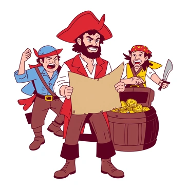 A pirate holding an ancient treasure map, surrounded by a comic-style pirate crew