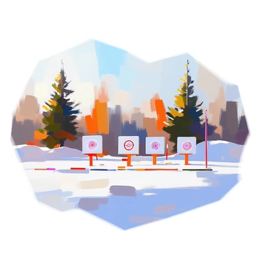 An empty biathlon shooting range is depicted, showcasing a series of shooting targets lined up in a straight row. The targets are white and circular, positioned at varying distances. In the background, tall pine trees create a natural border, their dark green needles contrasting with the bright sky. The ground is covered in a light dusting of snow, reflecting the chilly atmosphere of the setting. The area is devoid of any people, emphasizing the stillness of the range, with only the sound of the wind rustling through the trees.