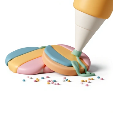 A close-up view of freshly baked cookies arranged on a smooth surface. The cookies have a golden-brown color and a slightly crispy exterior. Colorful icing is being applied to the cookies using a piping bag. The icing is bright and vibrant, with shades of pink, blue, yellow, and green. The texture of the icing appears glossy and smooth as it flows from the tip of the piping bag onto the surface of the cookies, creating decorative patterns. Small sprinkles in various colors are scattered nearby, ready to be added for extra decoration.