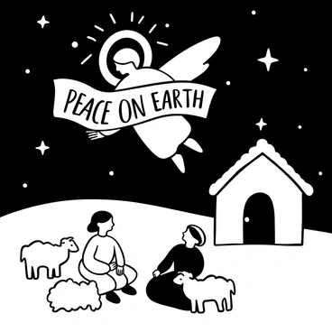 Two shepherds, dressed in simple robes, sitting on the grass with their sheep gathered around them, looking up towards the sky. Above them, a radiant angel with outstretched wings is hovering, holding a scroll that reads "Peace on Earth." The scene is illuminated by a soft glow emanating from the angel. In the background, a simple stable can be seen, silhouetted against the night sky filled with stars.