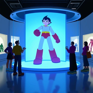 A holographic exhibit of "Astro Boy" projected in mid-air, showcasing his distinctive features such as the large round eyes and signature boyish hairstyle. The hologram is surrounded by a glowing blue light, highlighting the intricate details of his metal body and red boots. The futuristic museum setting includes sleek, metallic walls and glass displays filled with robotic artifacts. Visitors can be seen gazing at the hologram in awe, with their silhouettes casting shadows on the polished floor.